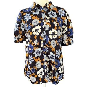 Modcloth Blue Yellow Tropical Floral Button Up‎ Top Women's S Short Cuff Sleeves